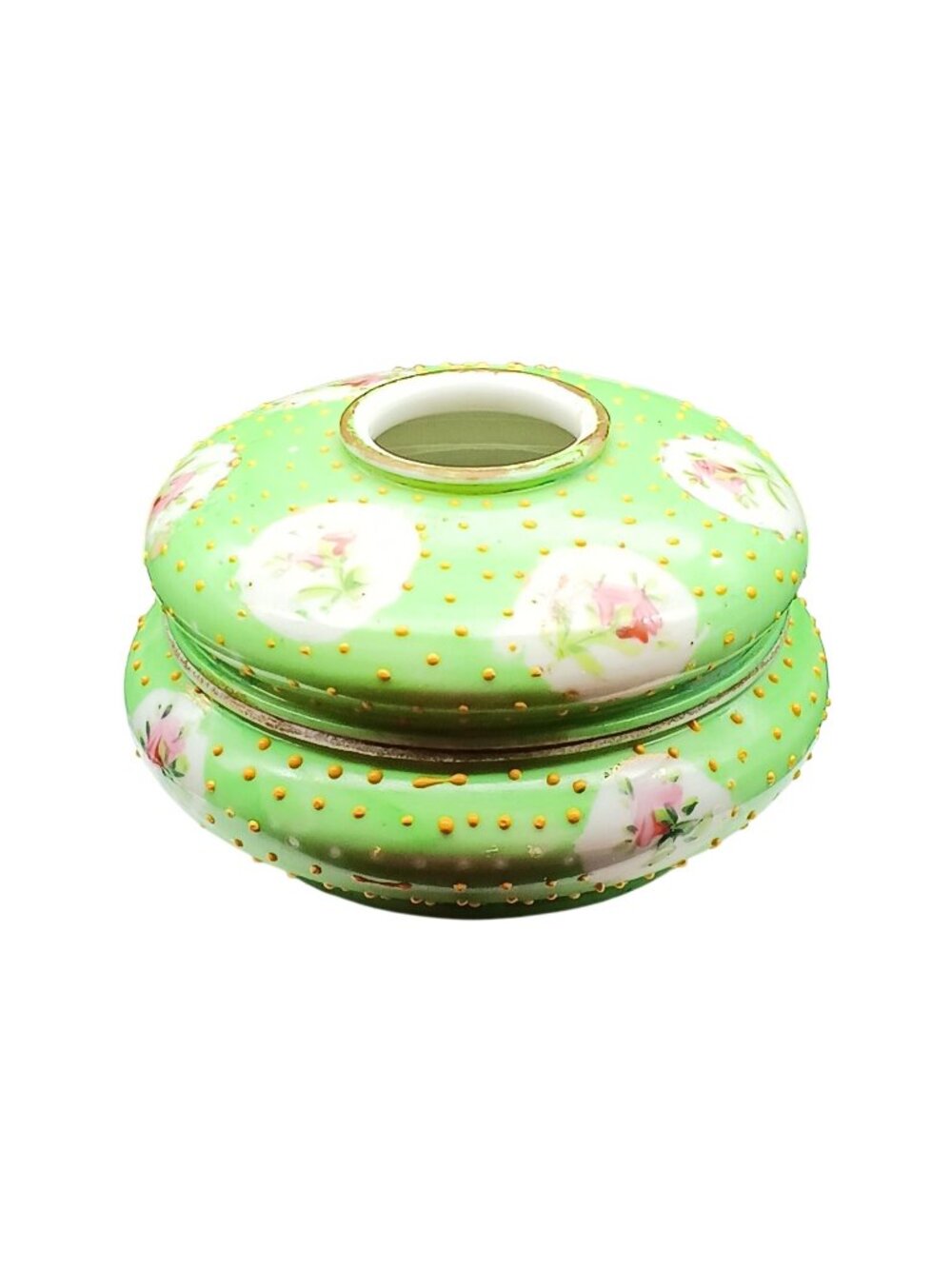 Antique Floral Porcelain Hair Receiver, Gilded Hand Painted Flowers and Moriage